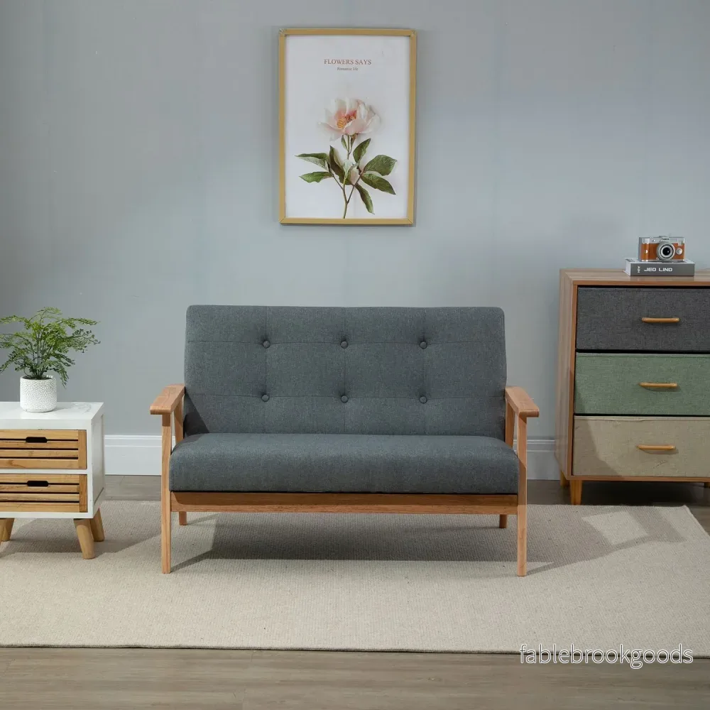 Kompakt grå linne Loveseat – 2-sits, gummiträram - Bild 2