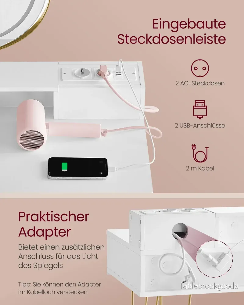 Sminkbord med belysning och pall – Matt vitguld - Bild 3