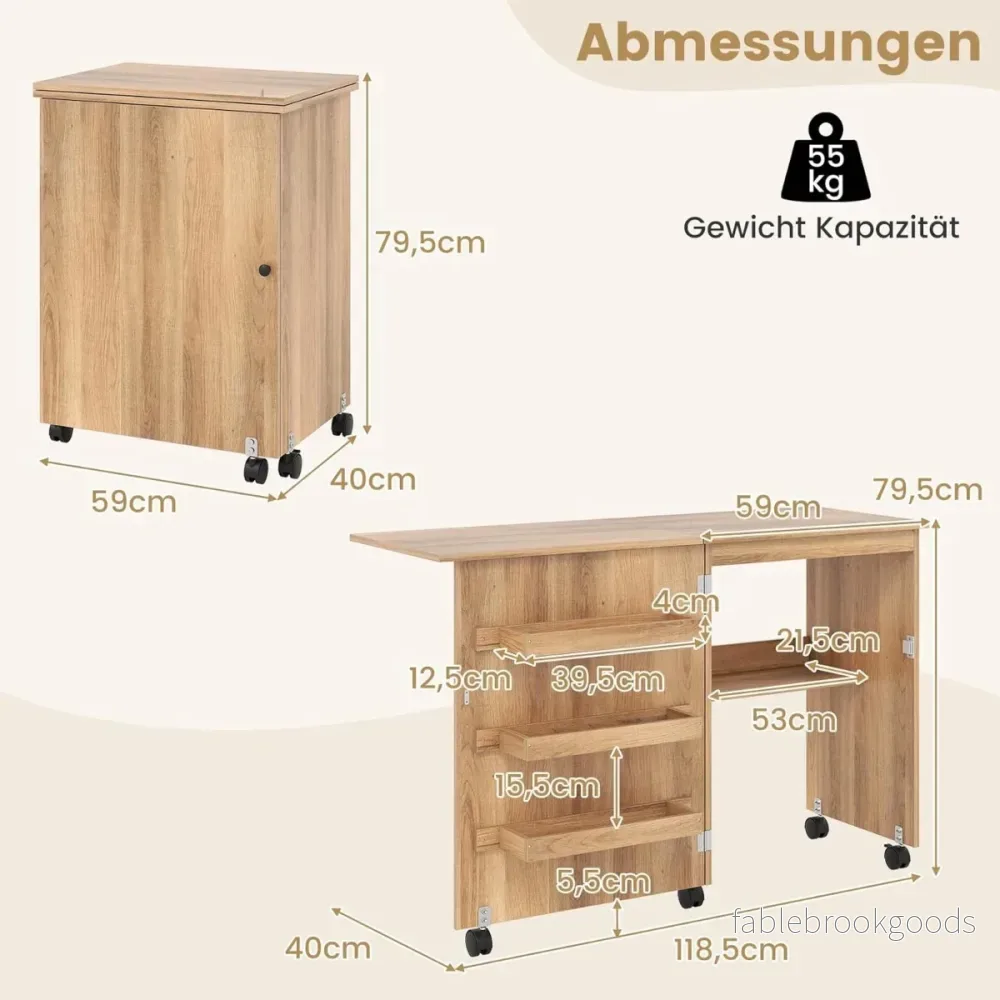 Fällbart – sybord Rullande hantverksstation med förvaringsfack dolda behållare Mobil – 3 118,5 x 40 x 79,5 cm – Natur - Bild 2
