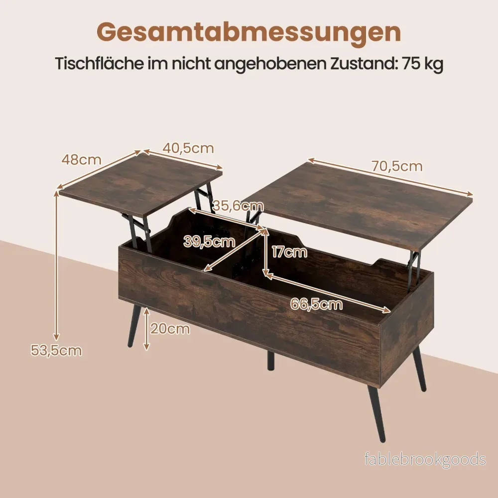 Höj – och sänkbar soffbord med lyftbar bordsskiva dolda förvaringsfack sidobord – 2 – Brun - Bild 2