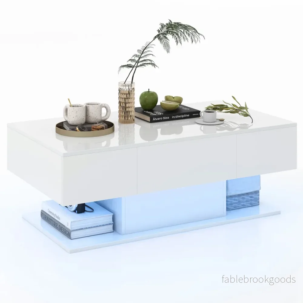Soffbord – med LED belysning högblank färger ljusstyrka justerbar – 20 110 x 60 x 40 cm – Vit