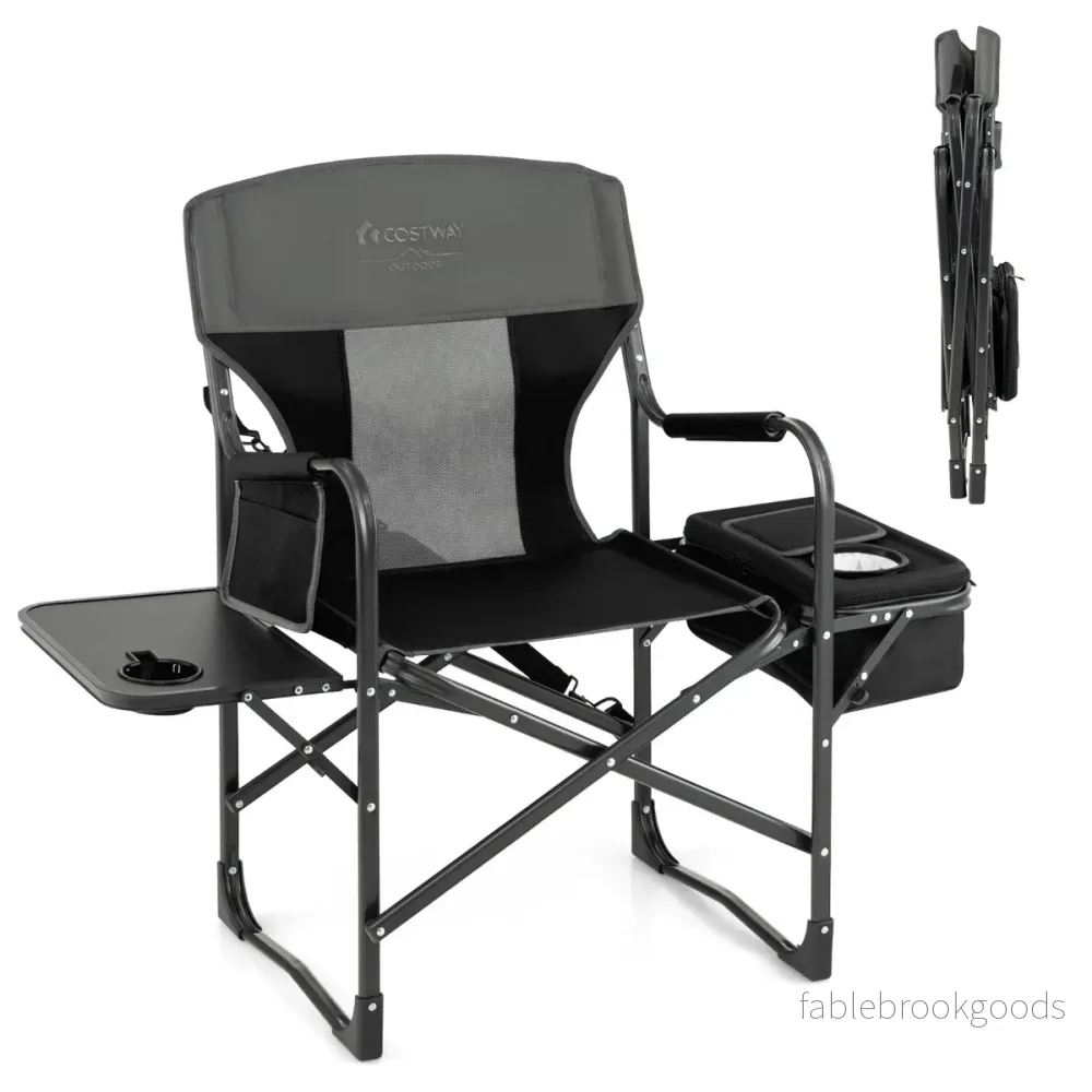 Campingstol – med sidobord kylväska och förvaringsväska – 113 x 56 x 98 cm – Svart