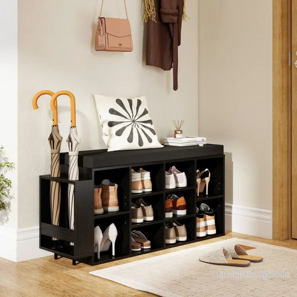 Skobänk – med Paraplyhållare Kuddad Sittplats och Avtagbar Hylla – Svart - Bild 3
