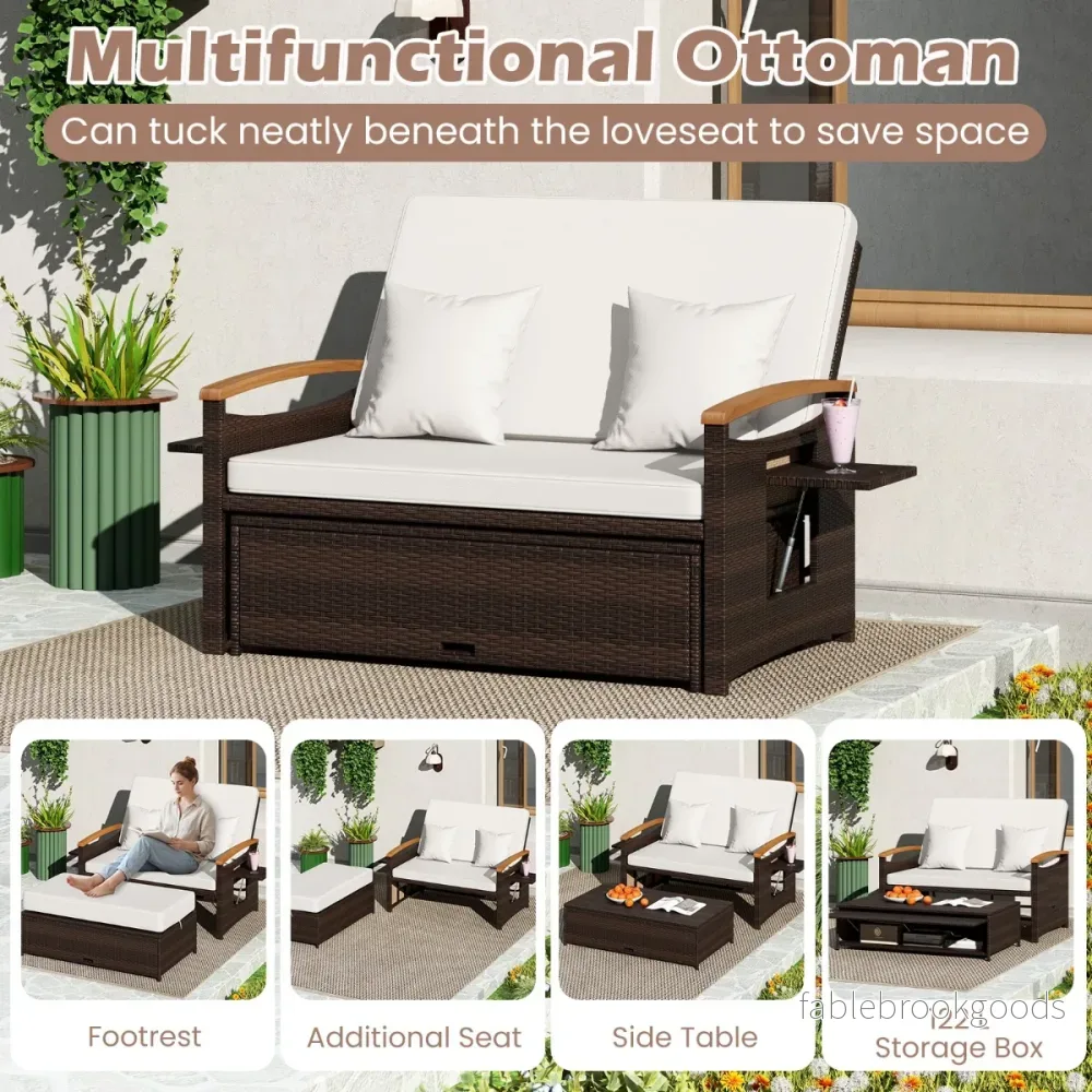 i – Rattan Lounge Möbelset Dubbelsäng Dagbänk Trädgårdsoffa sits med pall – 3 1 2 – Vit - Bild 3