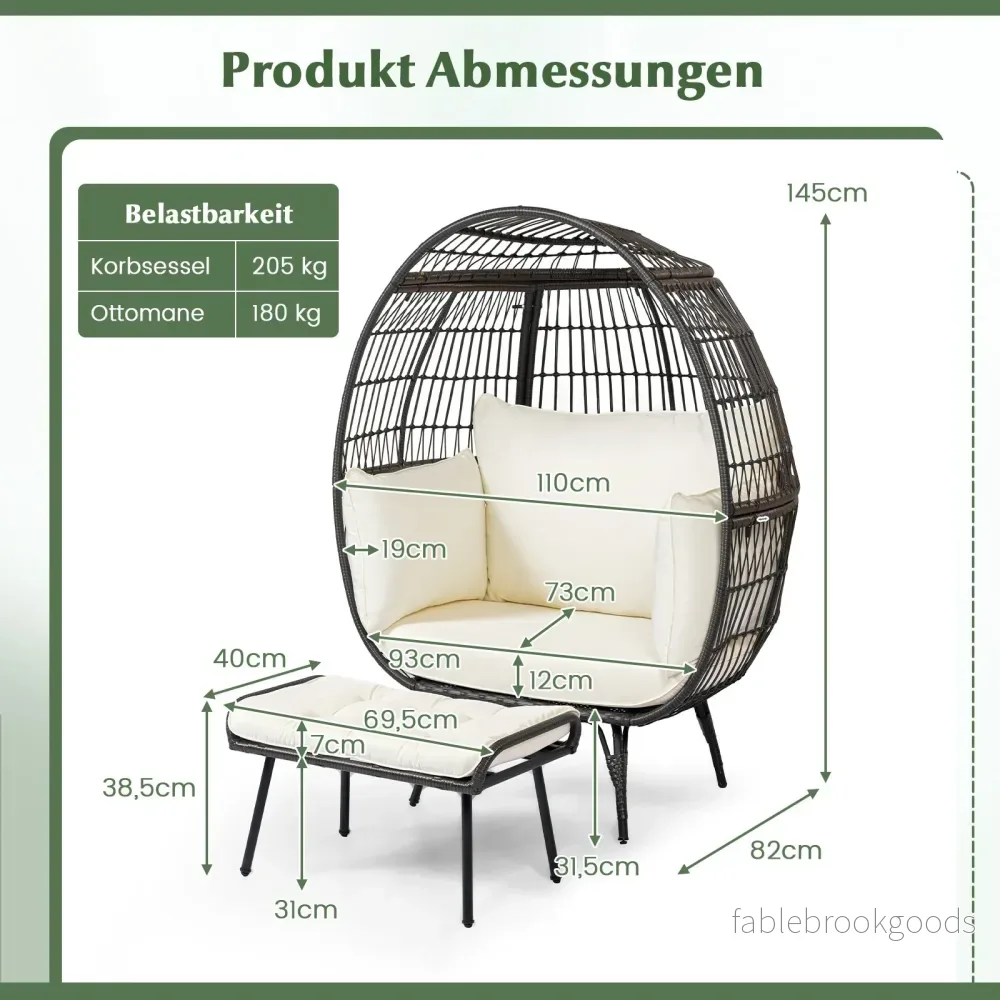 Rattanstol – med fotpall Överdimensionerad trädgårdsstol kudde XXL – Vit - Bild 2