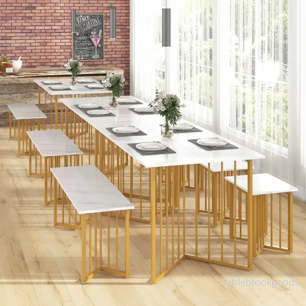 delat – matsalsset med stolar och bord bänk Modernt i marmor + gyllene – 4 2 – Vit - Bild 3