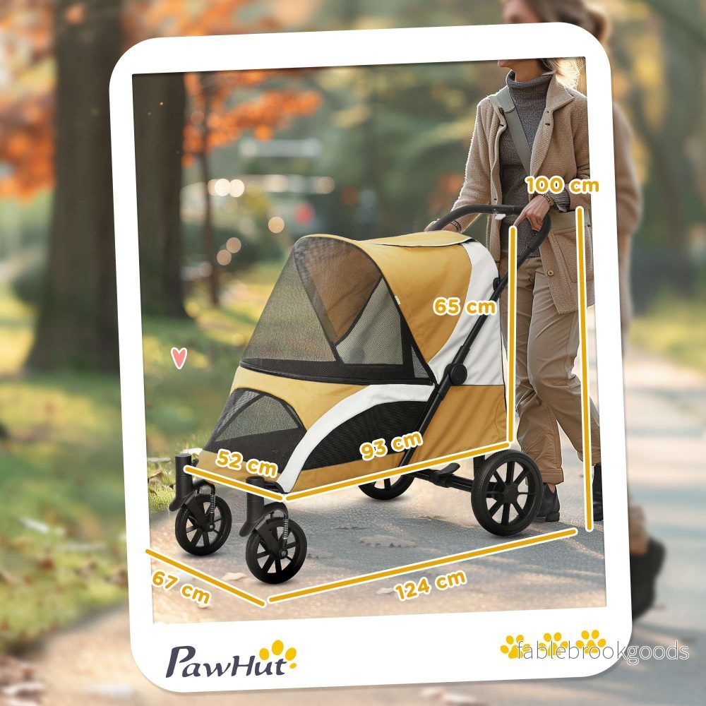 Hopfällbar hundvagn för stora hundar, 4 hjul, säkerhetskoppel, brun - Bild 3