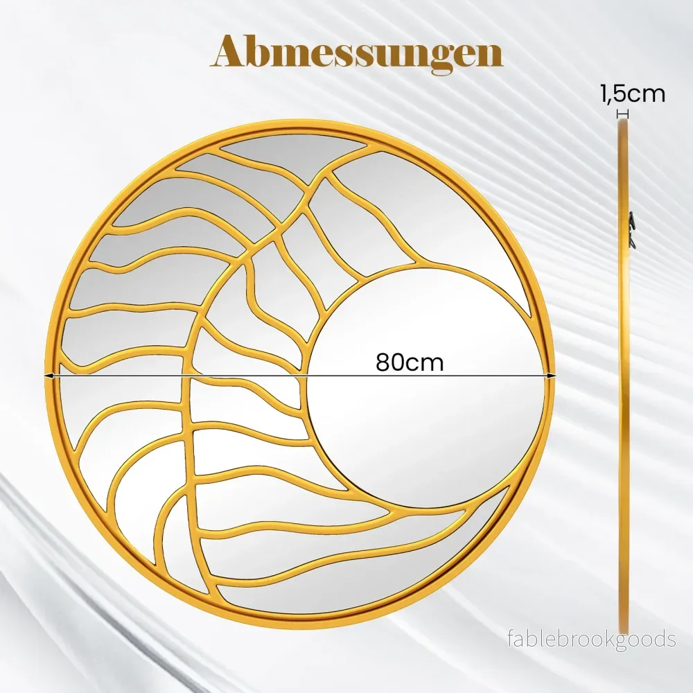 Dekorativ – väggspegel med gyllene ram, asymmetrisk stor rund väggdekoration för vardagsrum – Ø 80 cm – Guld - Bild 2
