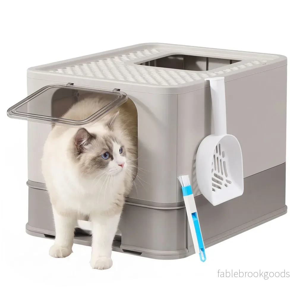 Kattenbak met Lade – Roestvrij Staal – 2 Ingangen – Met Schepje – Lichtgrijs