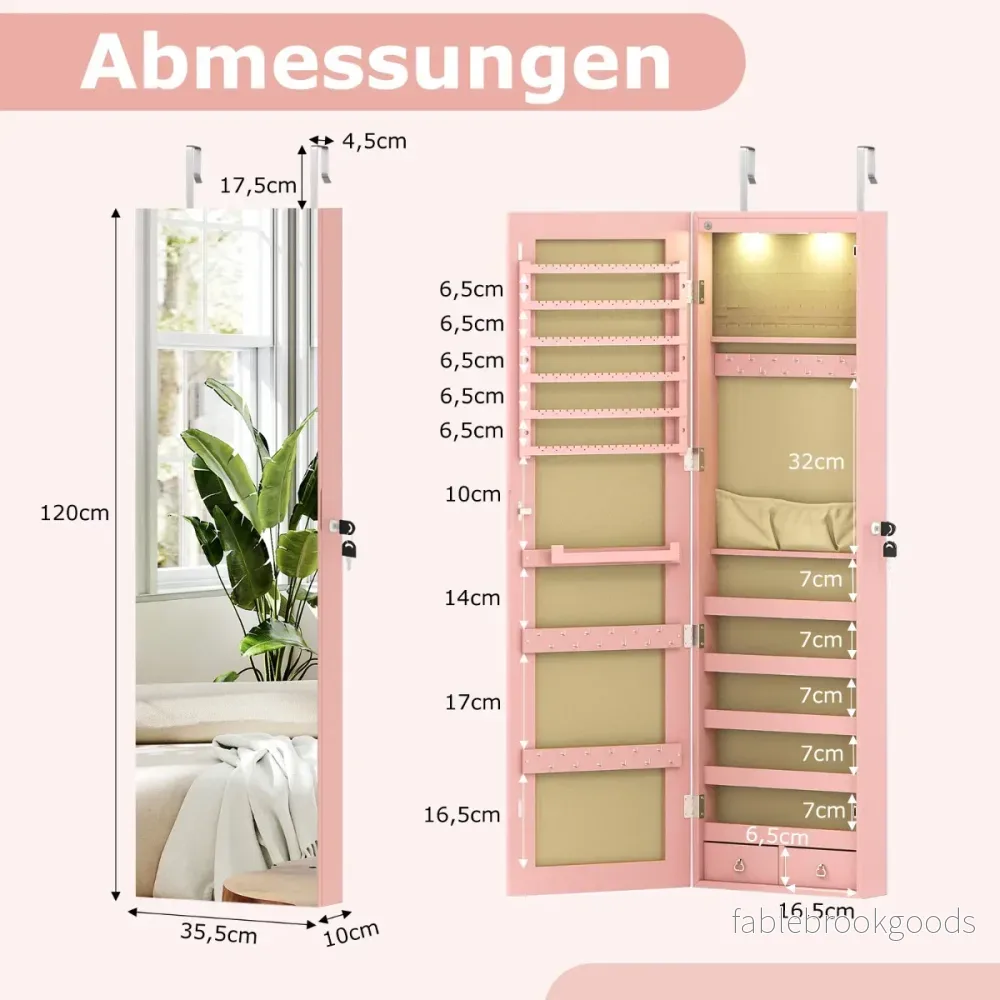 Smyckeskåp – med LED belysning Smyckeshylla spegel Låsbart – Rosa - Bild 2