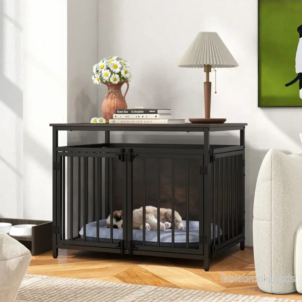 Hundbur – Möbel med dörr Trä Hundlåda Hundgallerbur Sidobord – 3 80 x 60 x 64 cm – Rustik brun - Bild 3