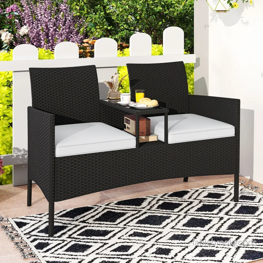Trädgårdsbänk – med bord sits Polyrattan sittbänk sittgrupp trädgårdsmöbler terrassmöbler – 2 – Svart - Bild 3