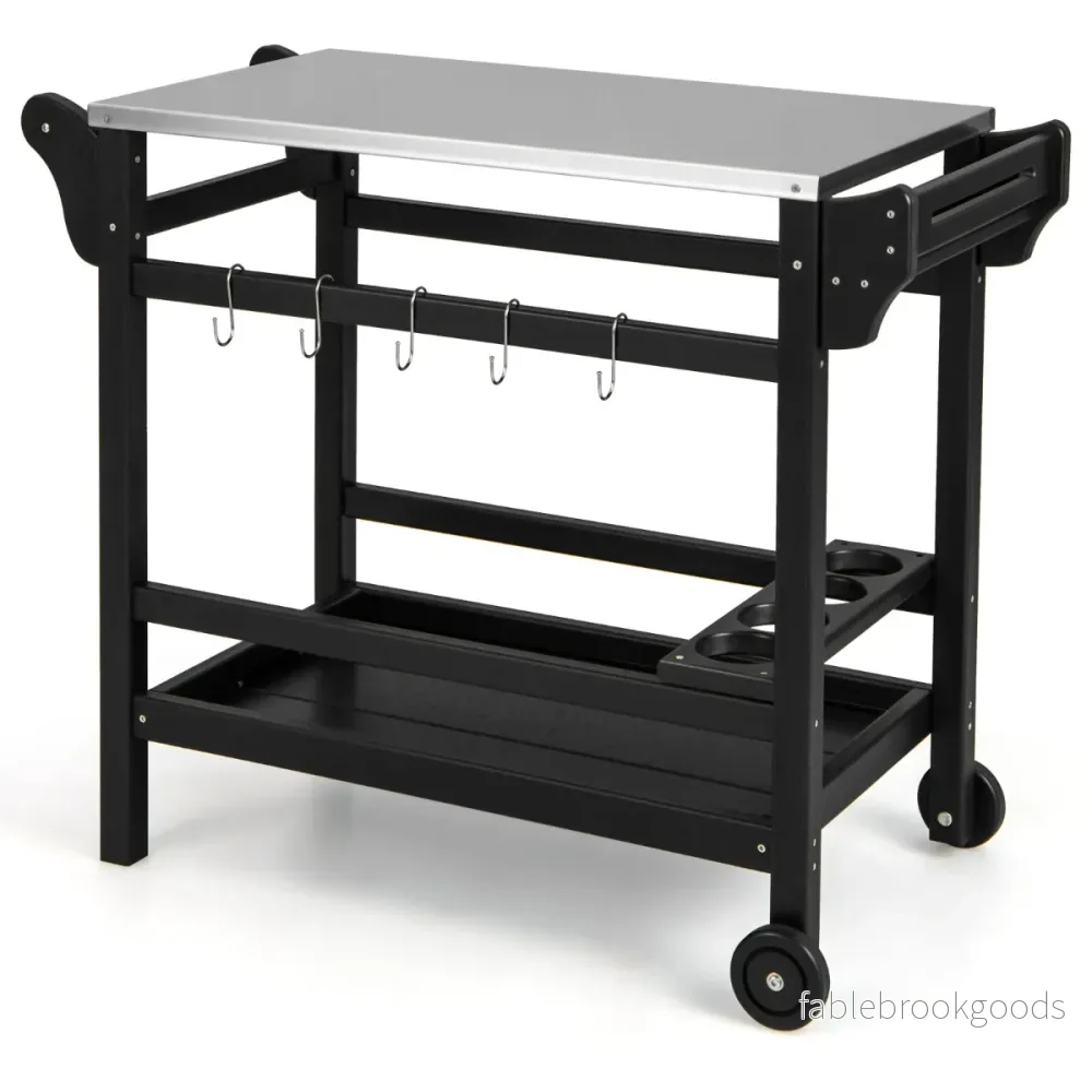Grillvagn – med kryddbricka och vinflaskställ handtag hjul grillbord – 2 105 x 54 x 85 cm – Svart - Bild 3