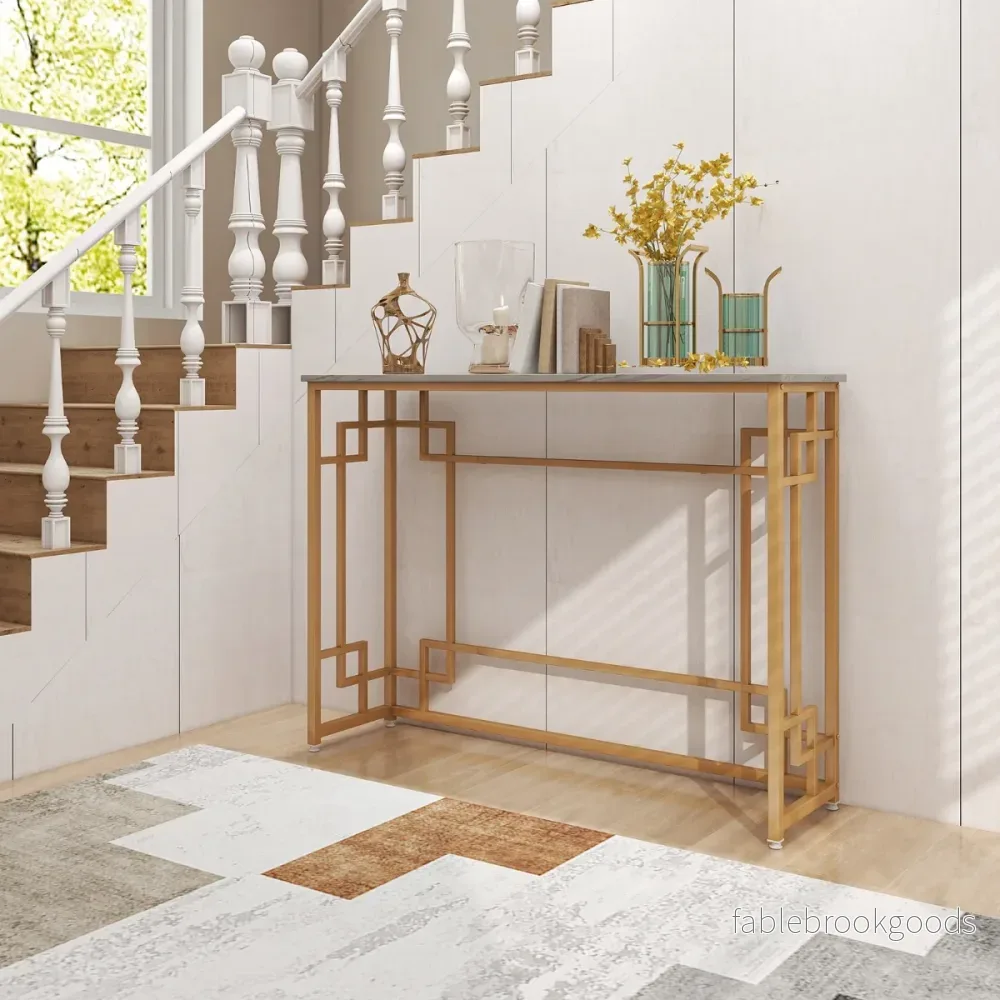 Konsolbord – med marmor och geometrisk metallram Entrébord smalt gyllene – Guld - Bild 2