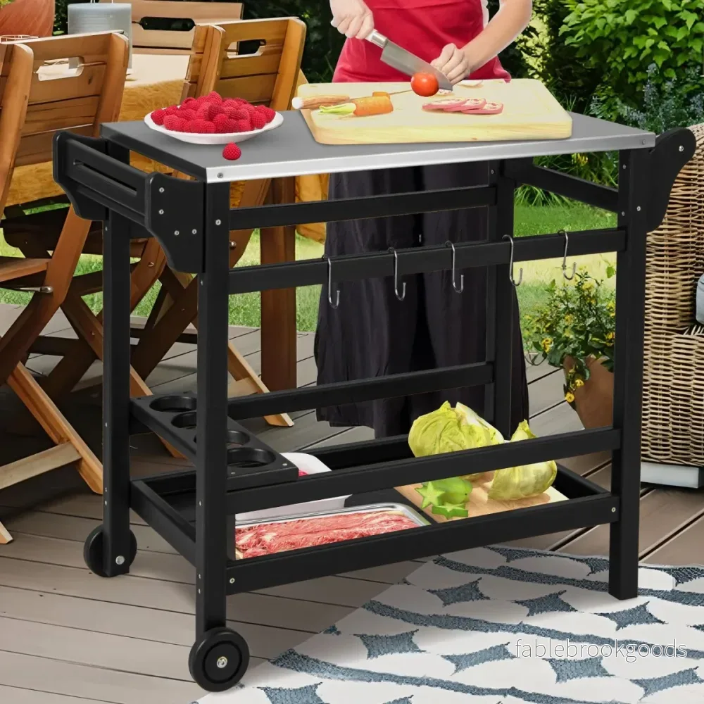 Grillvagn – med kryddbricka och vinflaskställ handtag hjul grillbord – 2 105 x 54 x 85 cm – Svart - Bild 2