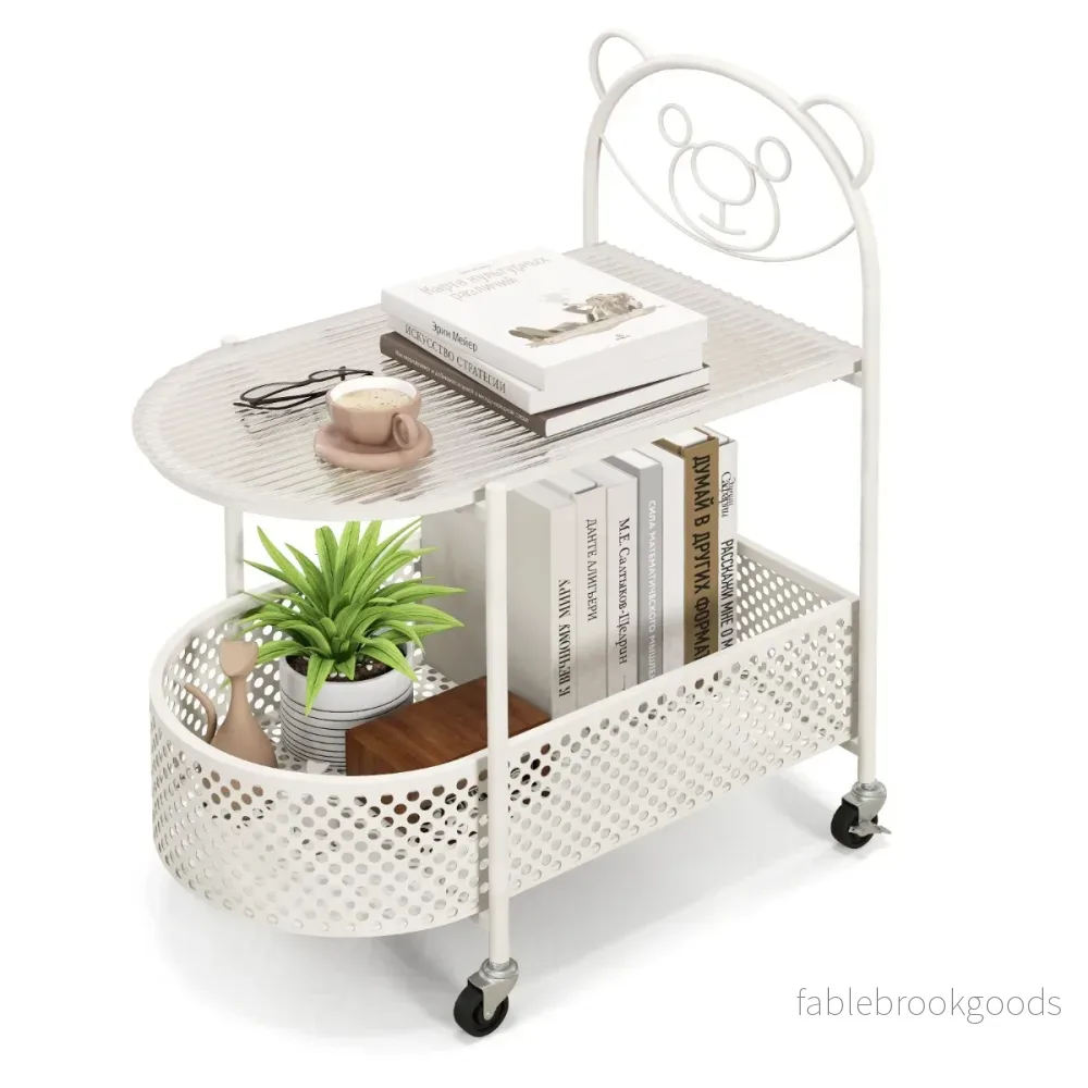 Sidobord – glas med hjul vånings björnmönster – 2 60 x 40 x 76 cm – Vit