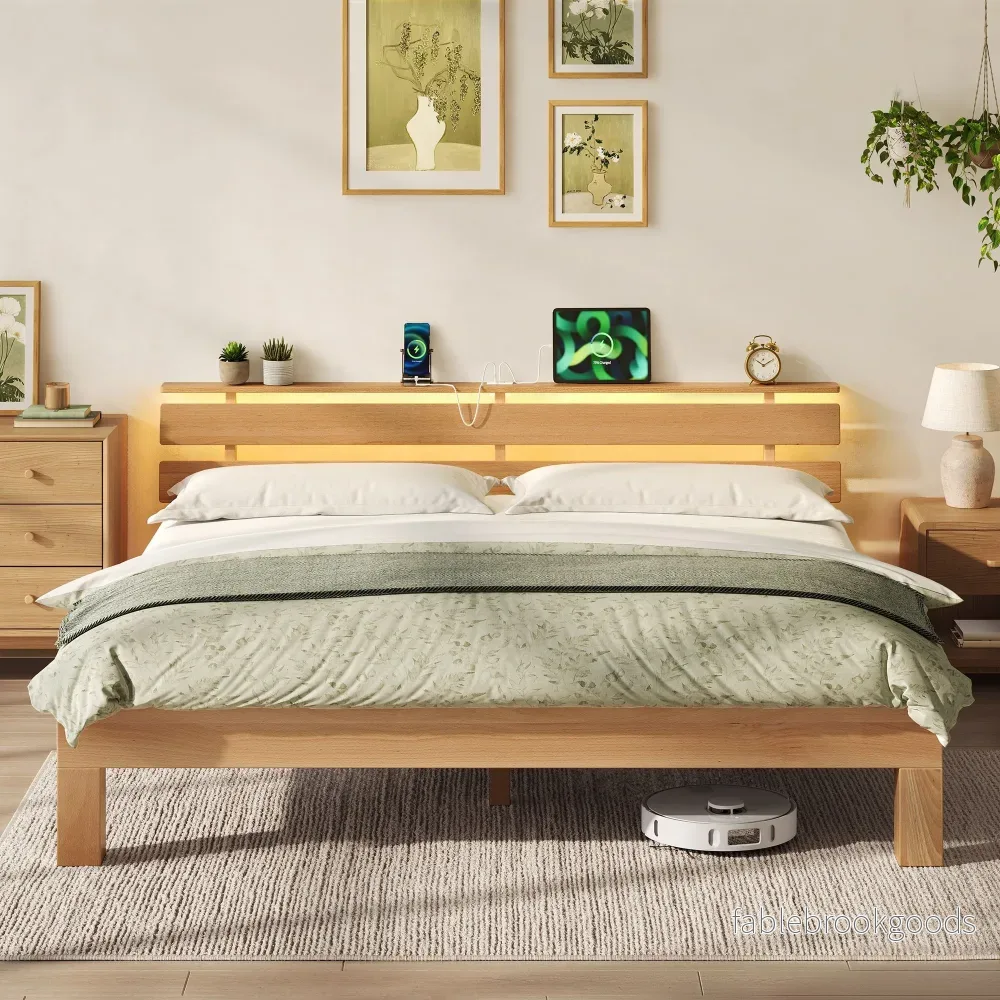 Bedframe – Van Massief Beukenhout – Hoofdbord met LED en USB – Naturel – 221,2 x 184,5 x 78 cm Bedframe – Van Massief Beukenhout – Hoofdbord met LED en USB – Naturel – 221,2 x 184,5 x 78 cm