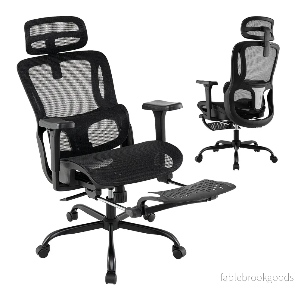 Ergonomisk – kontorsstol datastol med utdragbar fotstöd justerbart ländryggstöd och armstöd – Svart