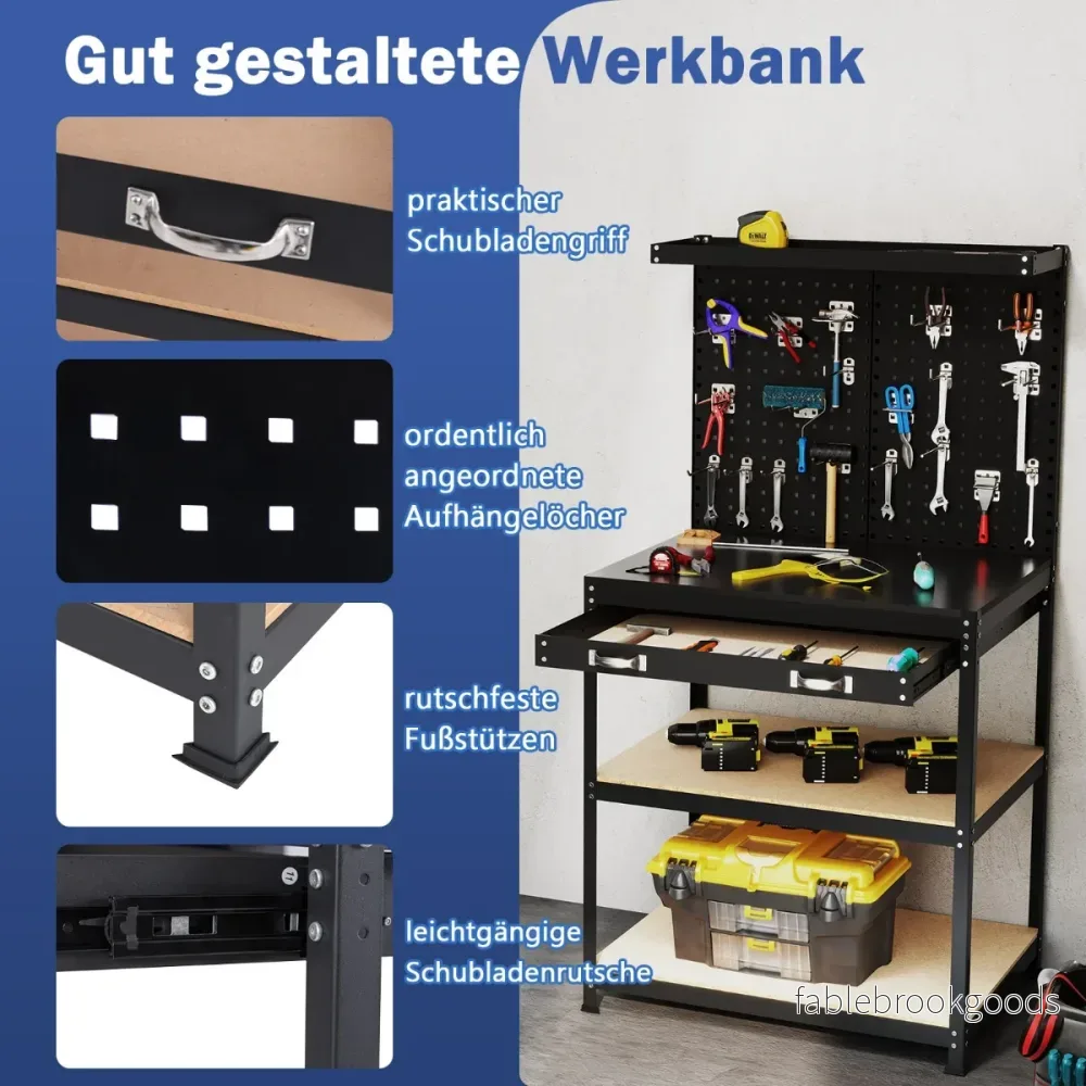 Arbetsbänk – lastkapacitet arbetsbord med perforerad vägg och lådor hyllor – 81 x 41 cm 225 kg – Svart - Bild 3