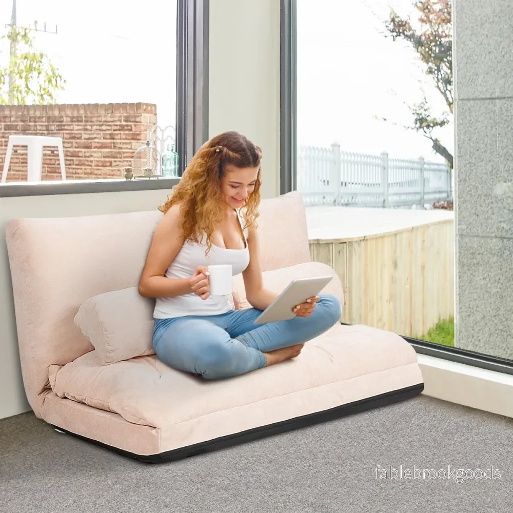 Ihopfällbar – Golvsoffa Sofa säng med Kudd och Ryggstöd steg Inställningsbar Golvfåtölj – 2 6 – Beige - Bild 3