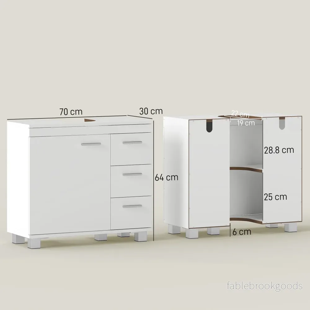 Badrumsskåp för handfat, MDF, 2 hyllor, 3 lådor, vit - Bild 3