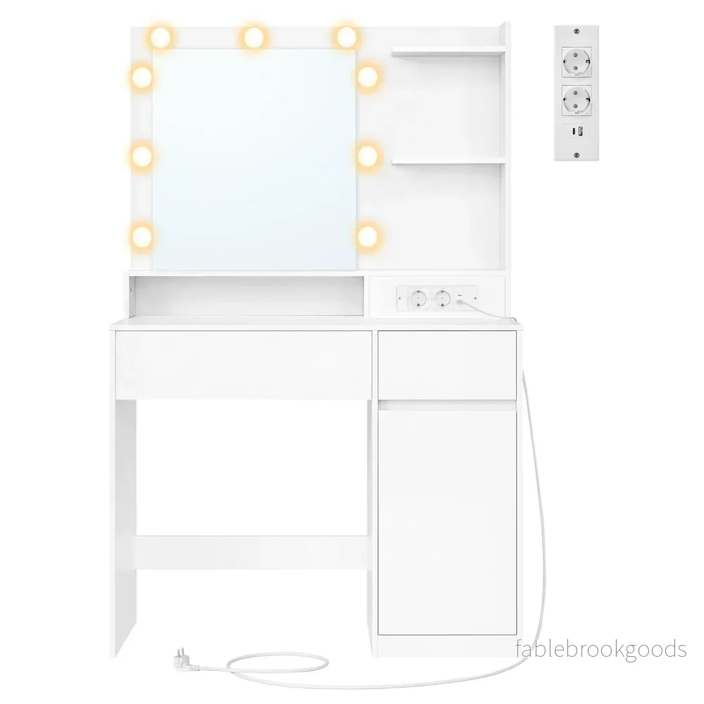 Kaptafel – Met Verlichte Spiegel en Schuifladen – Wit – 80 x 80 x 144,3 cm Kaptafel – Met Verlichte Spiegel en Schuifladen – Wit – 80 x 80 x 144,3 cm