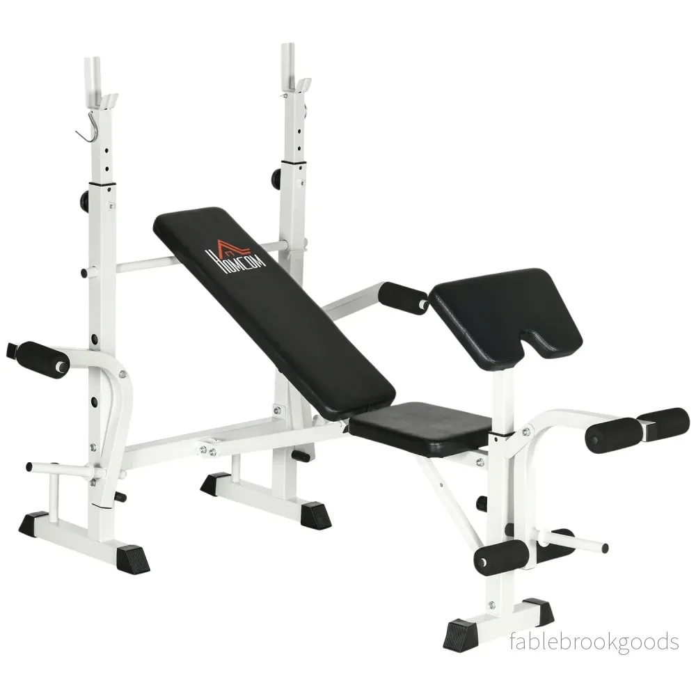 Viktbänk med benpress & hantel, armstöd, svart och vitt Viktbänk med benpress & hantel, armstöd, svart och vitt