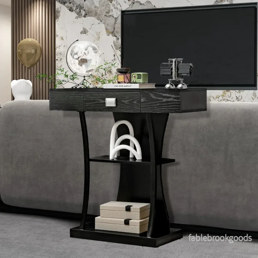 Konsolbord – med lådor och metallstomme hyllor tippskydd hallbord – 2 – Svart - Bild 2
