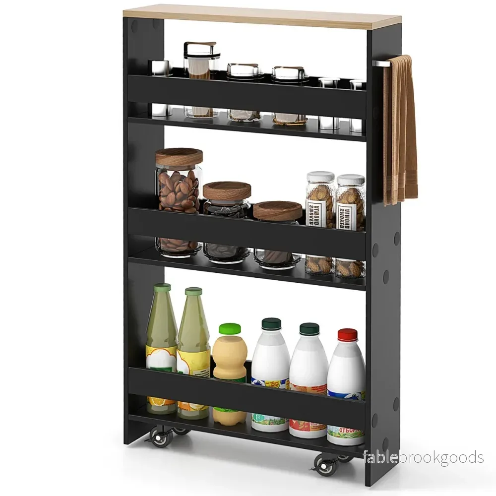 nivåer – nischhylla på hjul gjord av trä med handtag köksvagn + – 4 48 x 13 x 81 cm – Svart