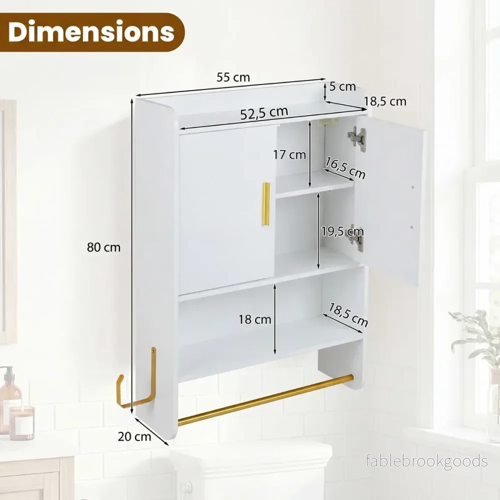 Hängande – Badskåp med Dörrar, Hyllor och Handdukshållare, Justerbar, – 2 55 x 20 x 80 cm – Vit - Bild 2