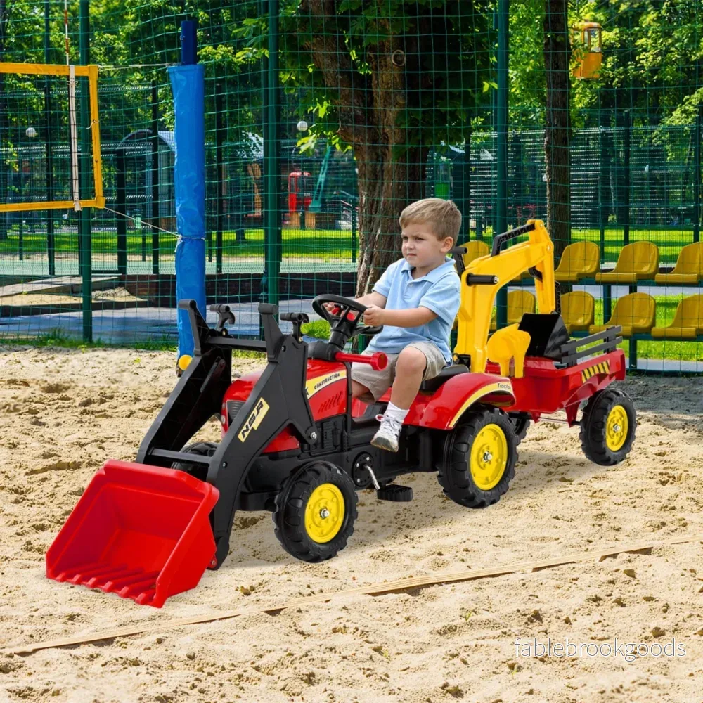 I – Sittbar Bagger För Barn Bulldozer Med Hjul Avtagbar Trailer och Grävsspade – 3 1 6 – Röd - Bild 3