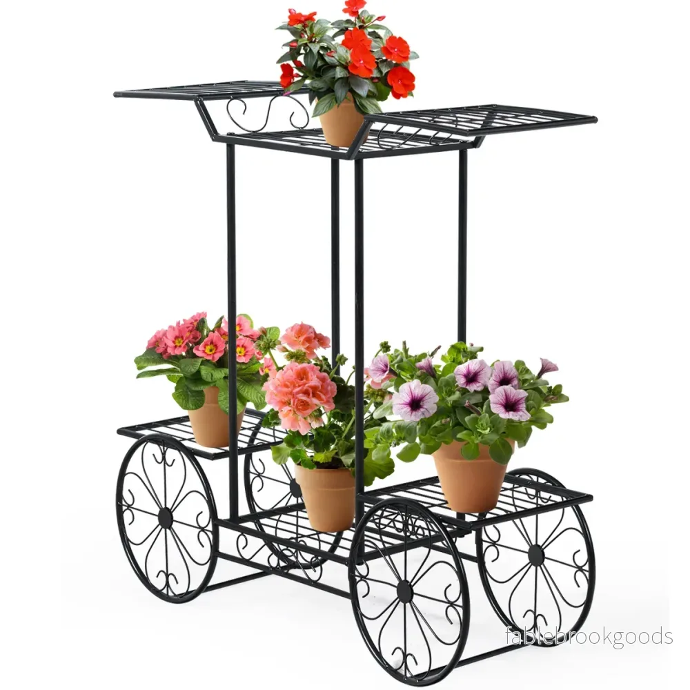Dekorativt – blomsterställ Växtställ med hyllor Fristående blomstervagn för inom och utomhusbruk Metall – 6 80,5 x 25 x 75 – Svart - Bild 3