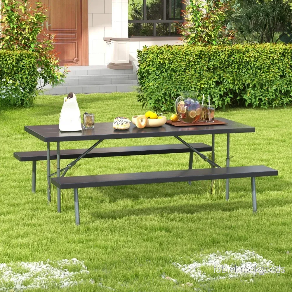 Fällbart – picknickbord med bänkar Campingbordsset metallram – 2 183 cm – Svart - Bild 2