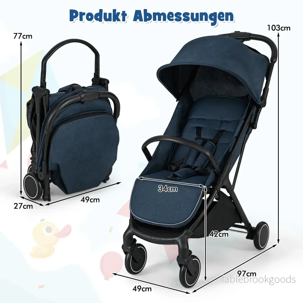 Hopfällbar – barnvagn resebuggy med liggfunktion barnbuggy bärbar justerbart ryggstöd upp till belastning – 15 kg – Blå - Bild 2