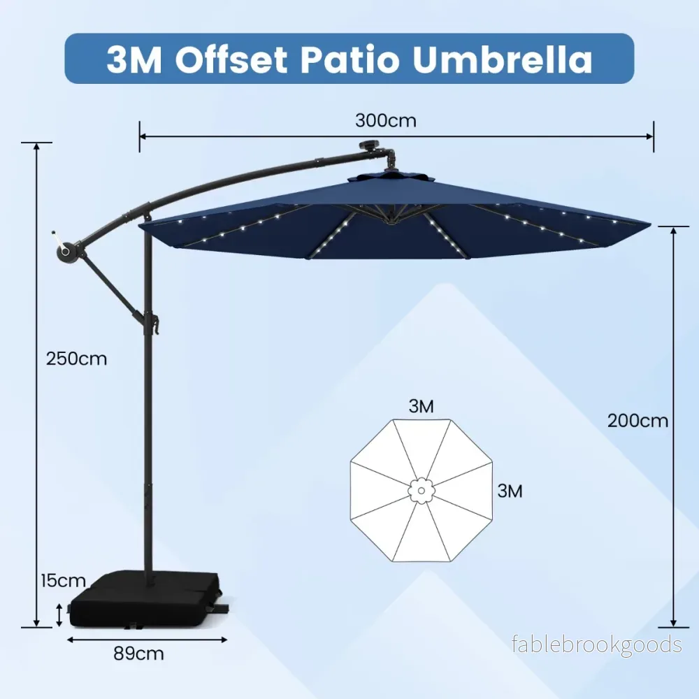 Fribärande – paraply med solar LED lampor och sandsäckar vev UV skydd parasoll – 40 Ø 300 cm – Blå - Bild 2