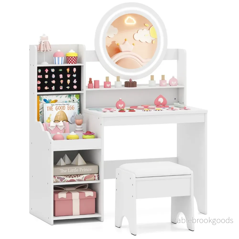Barn – Sminkbord med Spegel och Ljus Prinsessa Lekbord Hylla Ringspår Polsterad Pall – Vit