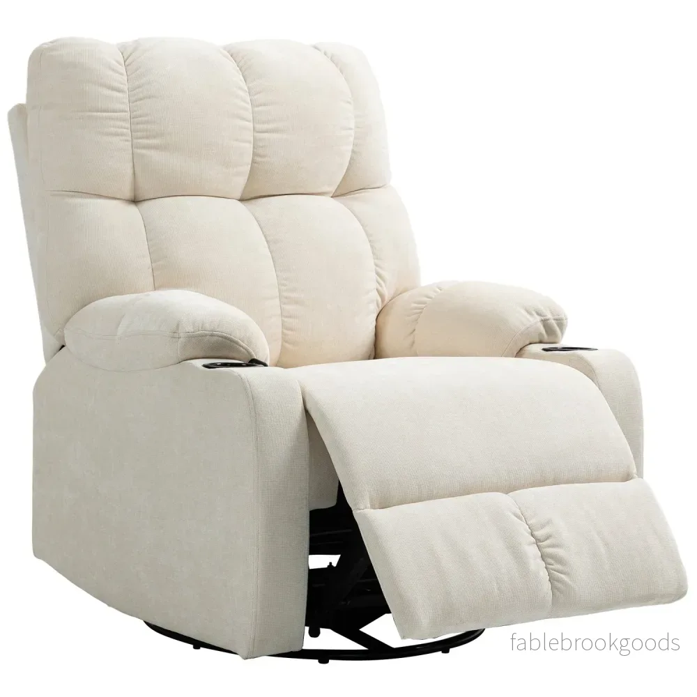 Liggande gung-TV-stol med fotstöd och mugghållare, beige