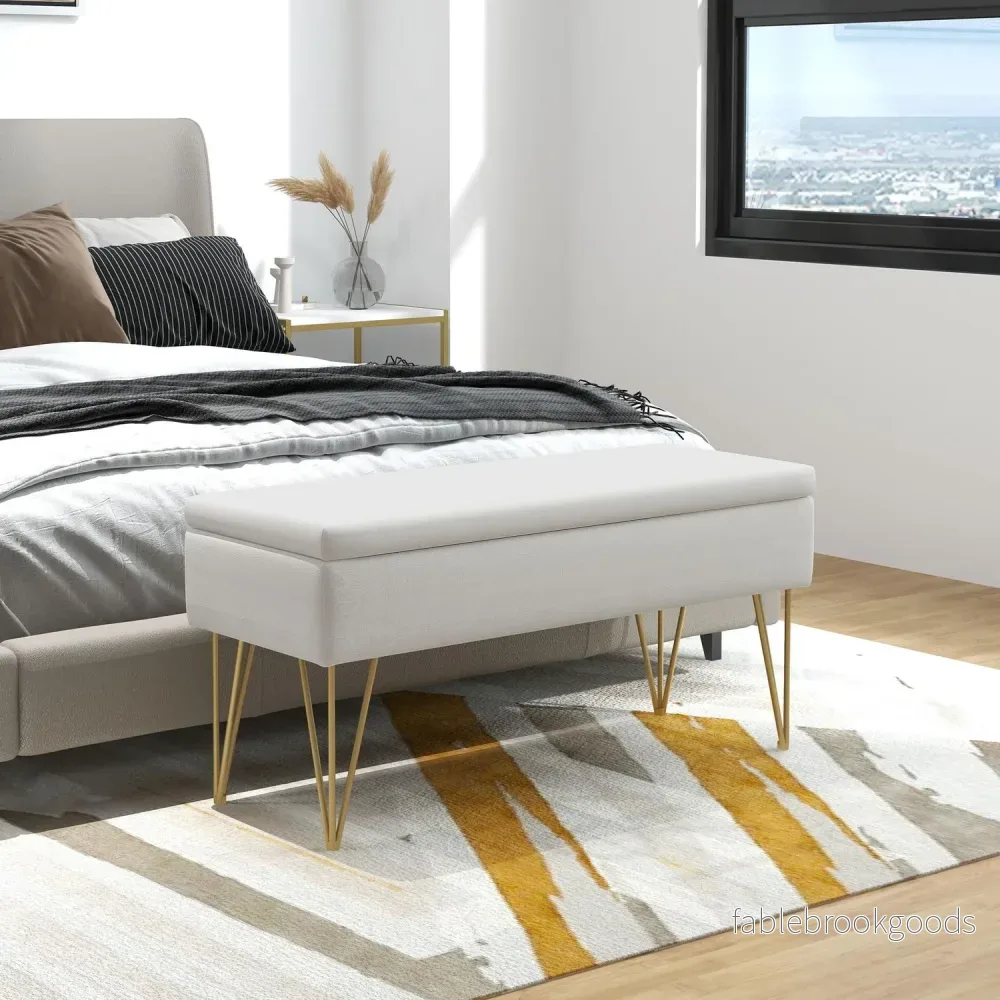 Krämklädd förvaringsbänk – Linne, stålben, 100x40x49 cm - Bild 2