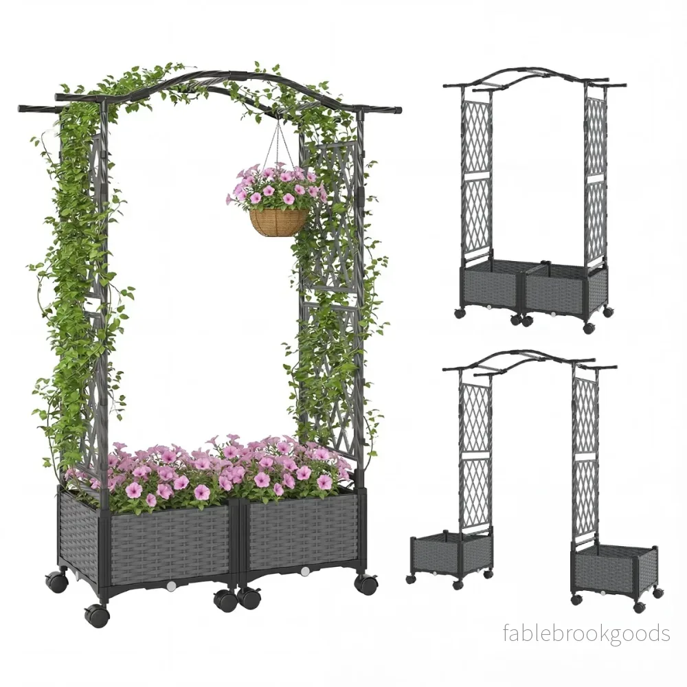 i – Blomlåda med Klätterställning och Hängande Tak Rosenbåge Odlingslåda – 2 1 2 – Brun