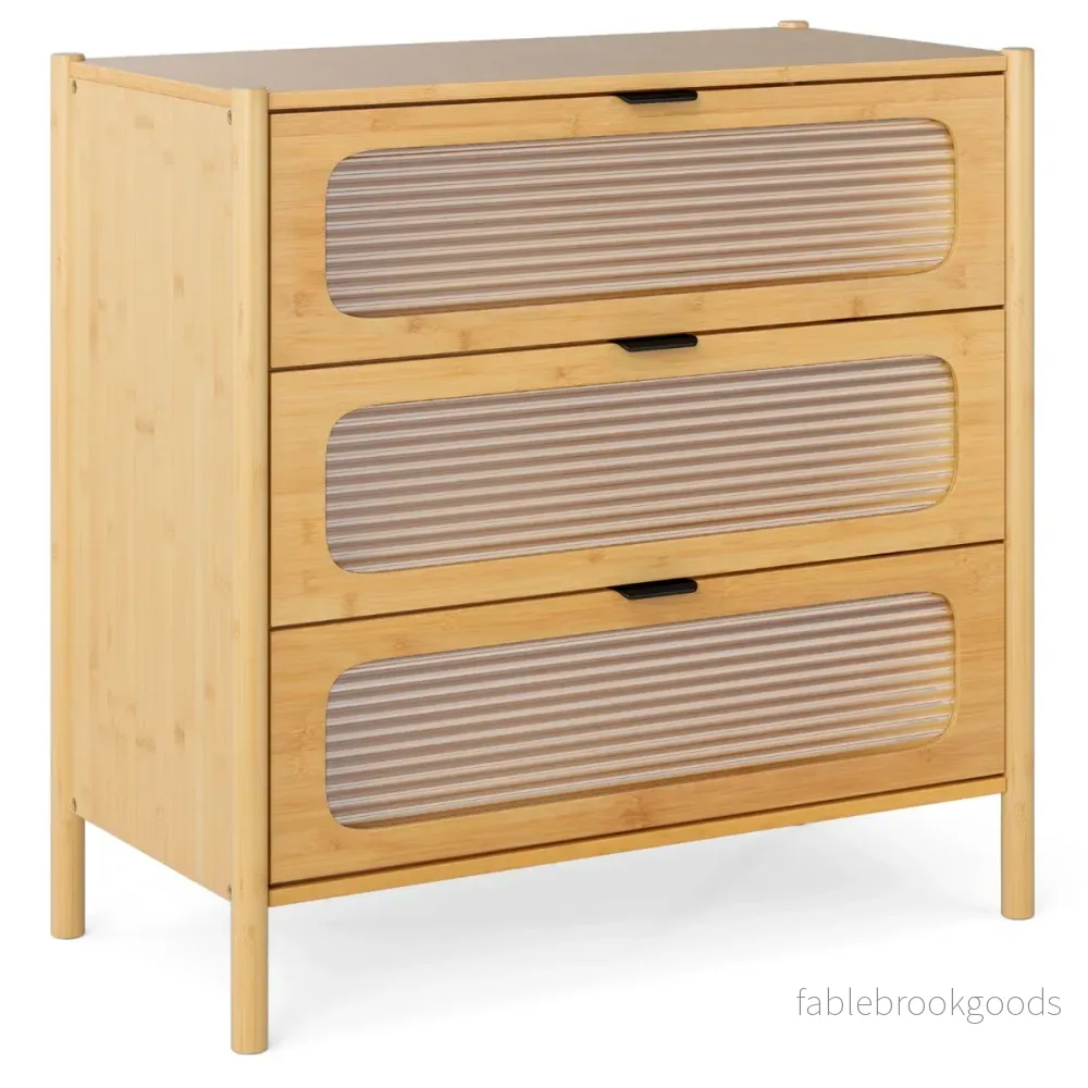 Kommodeskåp – med lådor, sidobord i bambu och härdat glas, – 3 80 x 40 x 78,5 cm – Natur