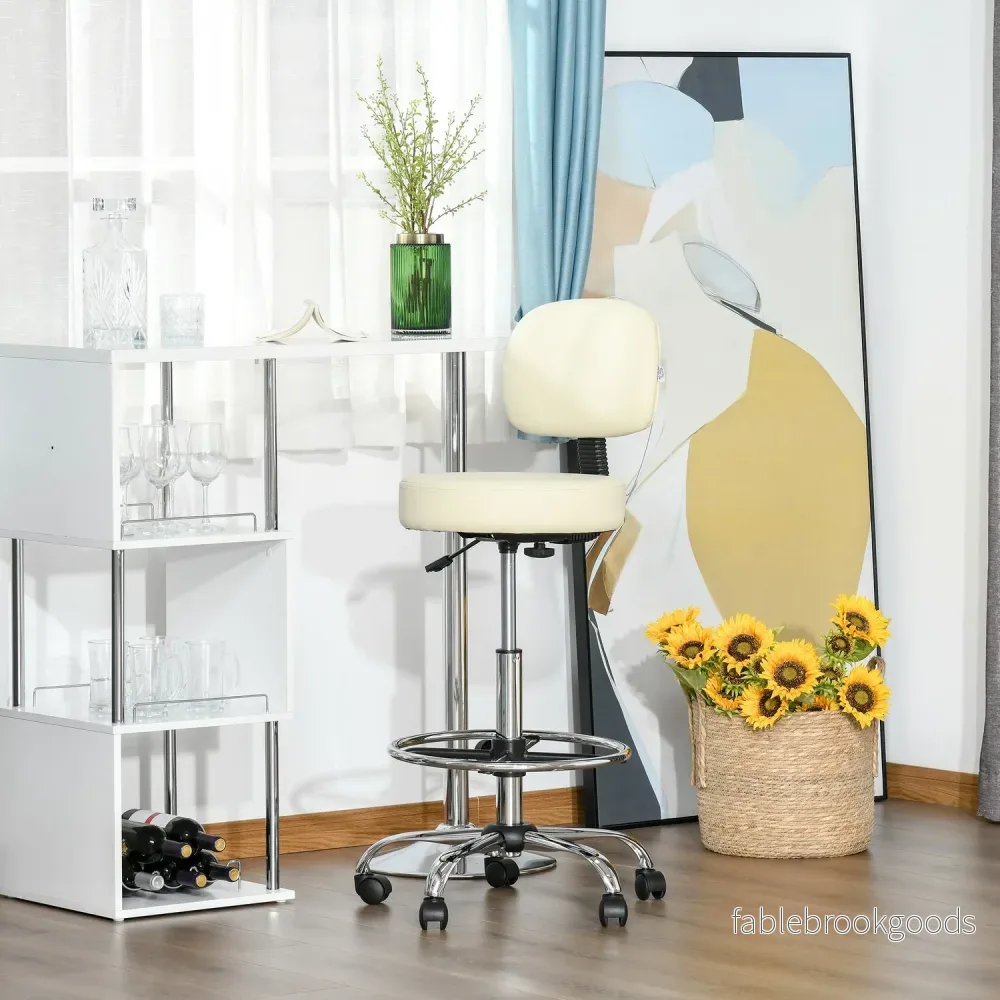 Justerbar beige PU pall med ryggstöd – 56x57x104-127cm - Bild 2