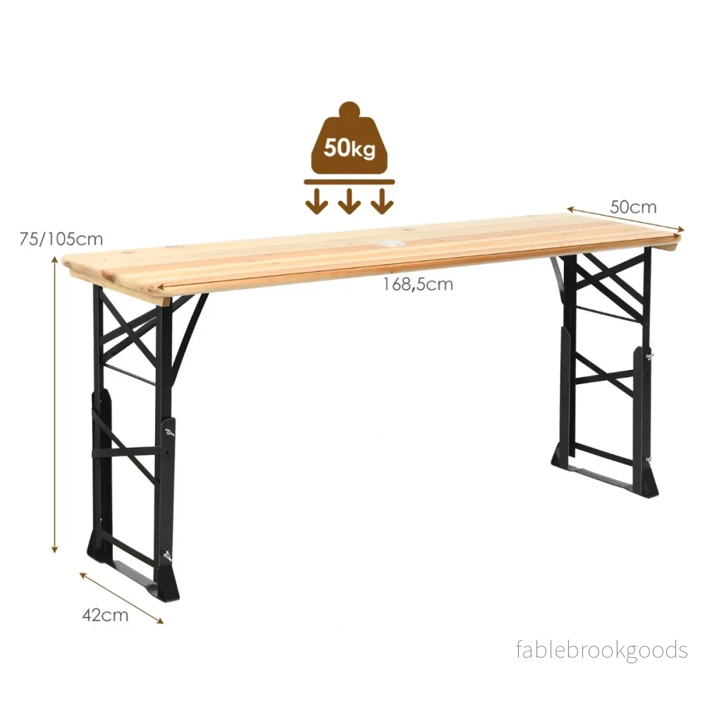 Öltältbord – höjdjusterbart fällbart ölbord med paraplyhål cm/105 cm – 168,5 x 50 x 75 – Natur - Bild 2