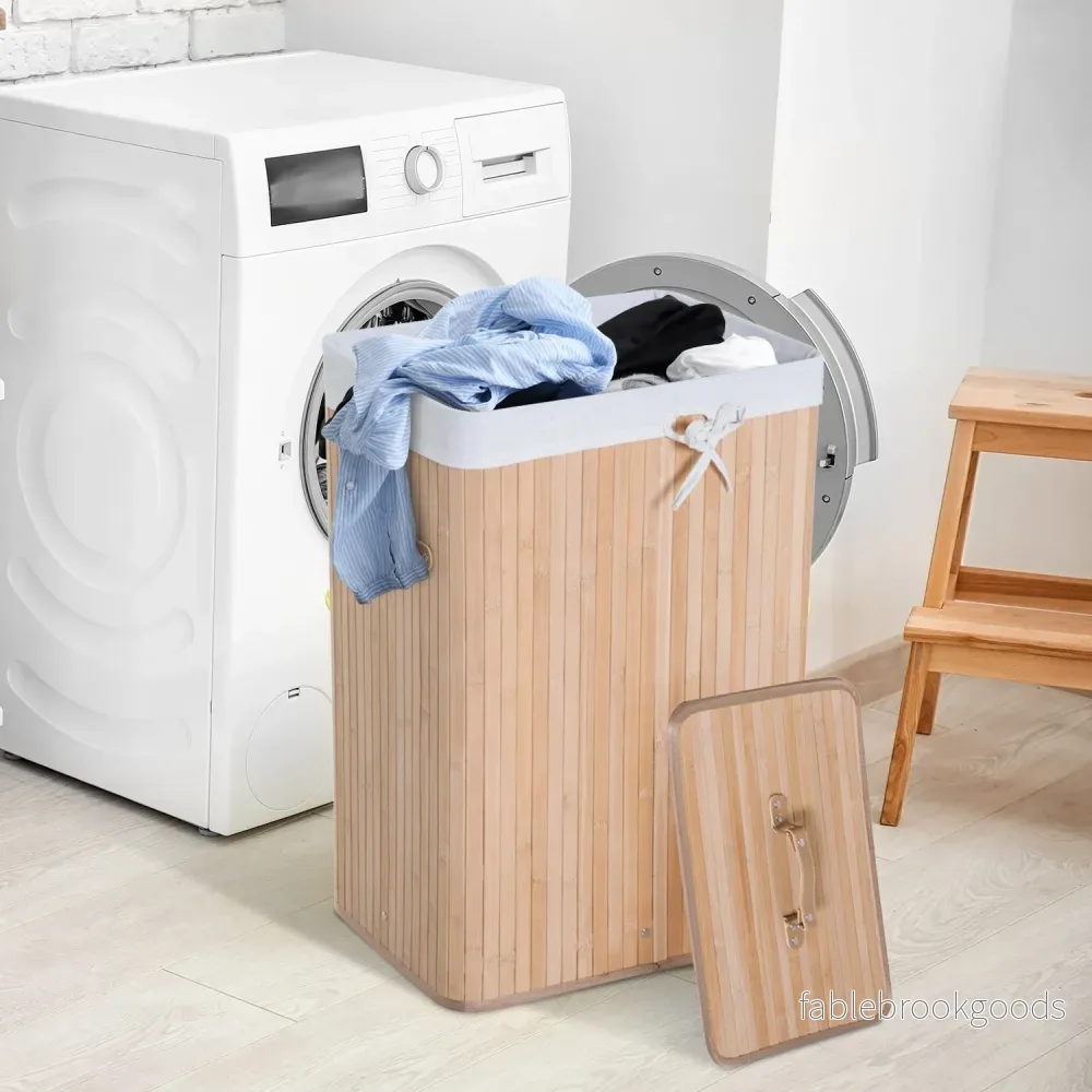 Bambu hopfällbar tvättkorg 72L – Canvaspåse med lock - Bild 2
