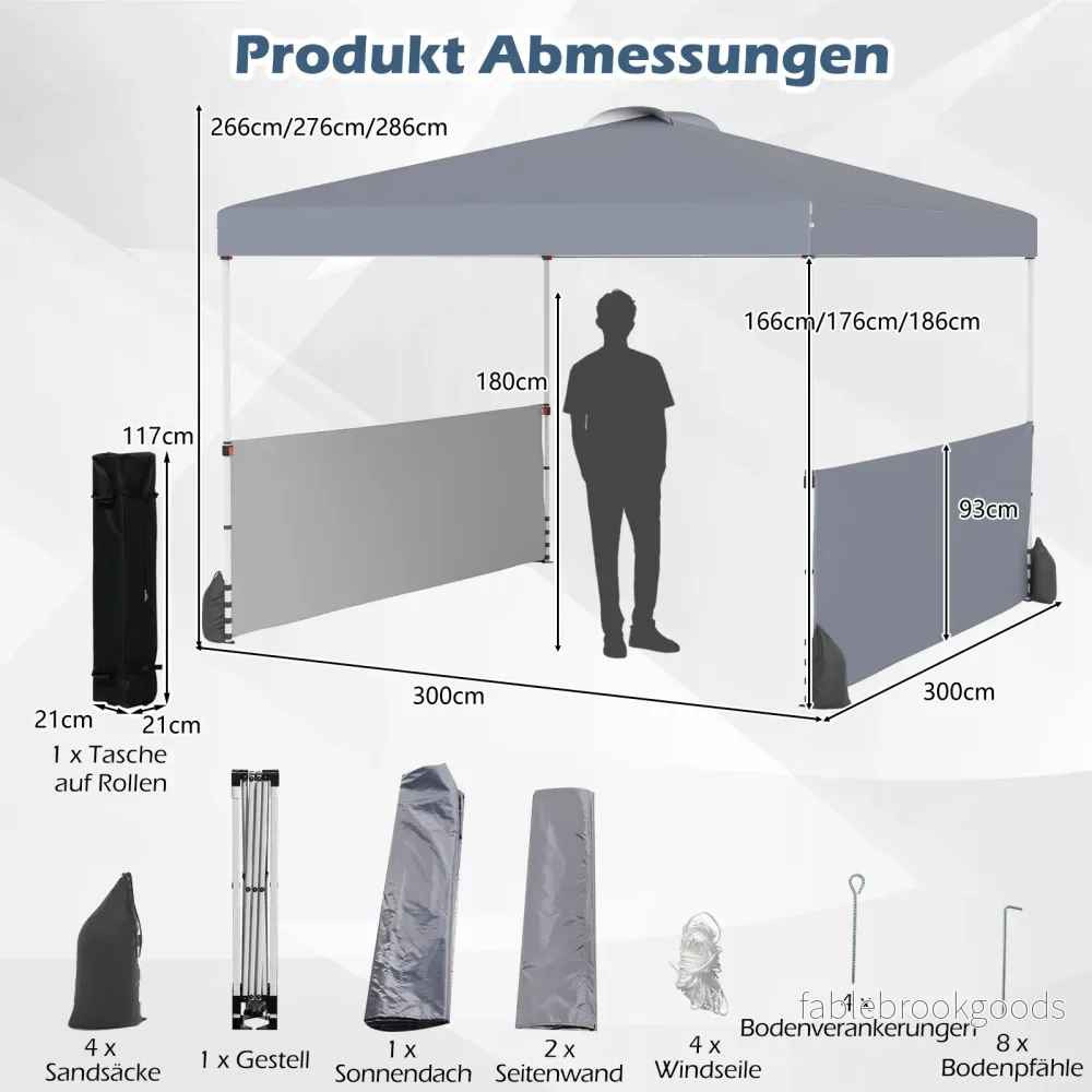 Paviljong – med sidoväggar och väska inklusive vindlinor sandpåsar – 3 x 3 m 2 4 4 – Grå - Bild 2