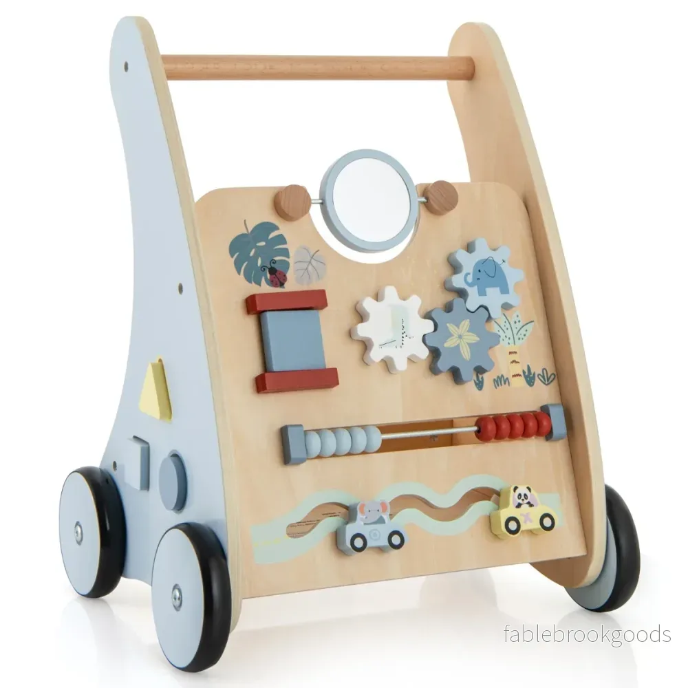 Baby – Walker i trä med Multi Activity Learning Center Montessori Push – Blå