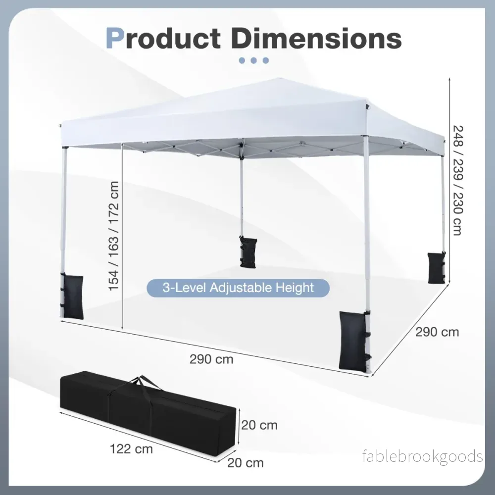 Pop – up paviljong, höjdjusterbar och hopfällbar med tillbehör, för camping strand – 290 x 290 cm – Vit - Bild 2