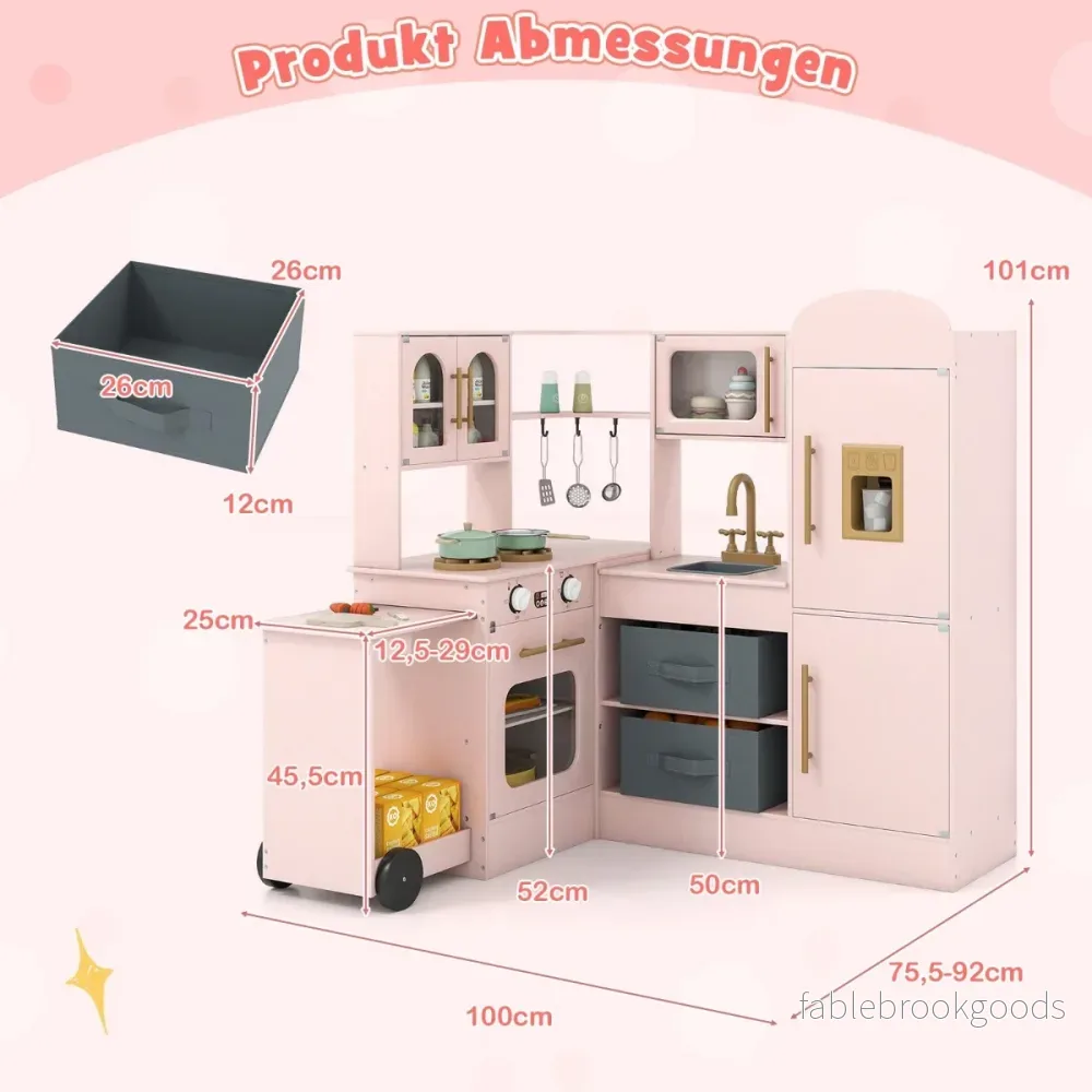 Hörnkök – med ljus och ljud Träleksaksset utdragbar arbetsbänk Diskho Spis Ugn Kylskåp – Rosa - Bild 2