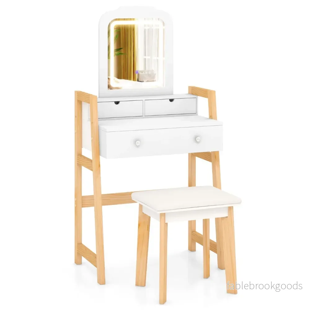 Sminkbord – i trä med pall och spegel lådor Frisörbord – 3 64 x 41 x 137 cm – Vit
