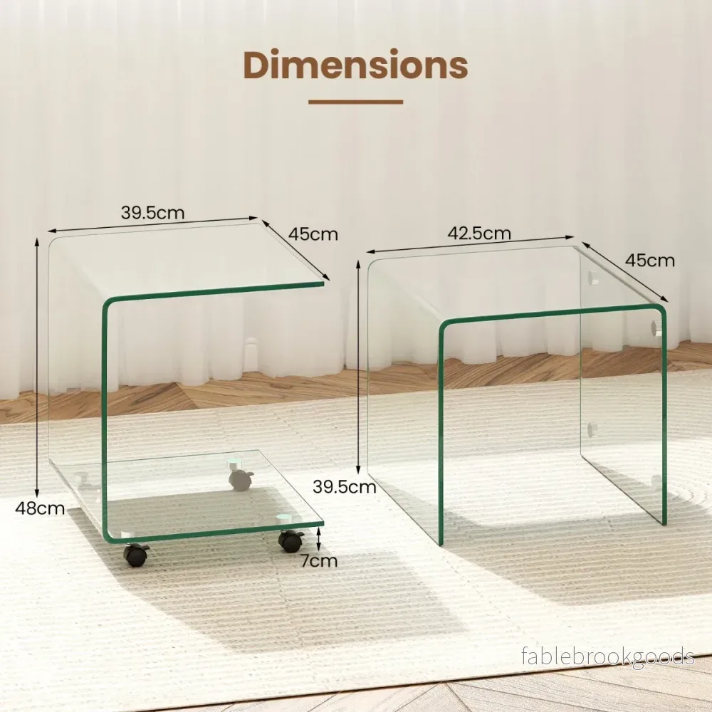 Sidobord – i härdat glas med hjul C formad Nattduksbord Soffbord Kaffebord Transparent – Genomskinlig - Bild 2
