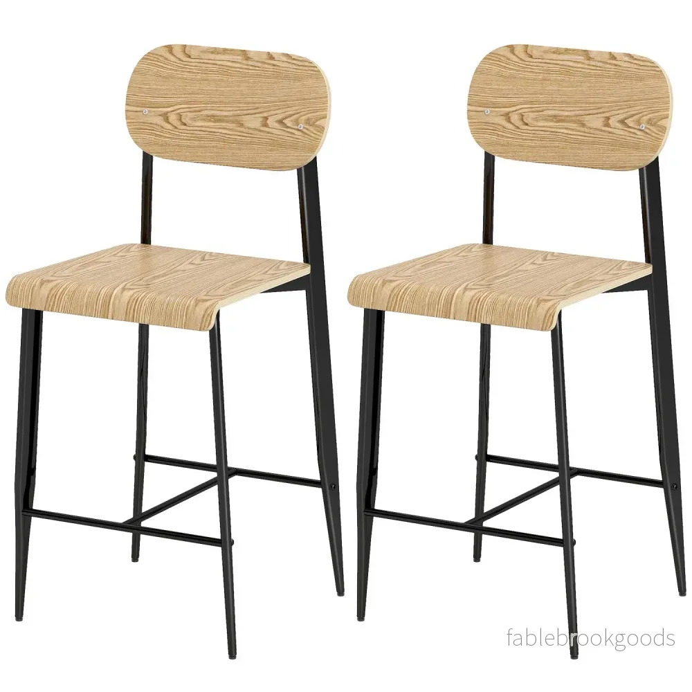 Set med 2 barstolar, barstolar med ryggstöd och metallram, trä, ljusbrun